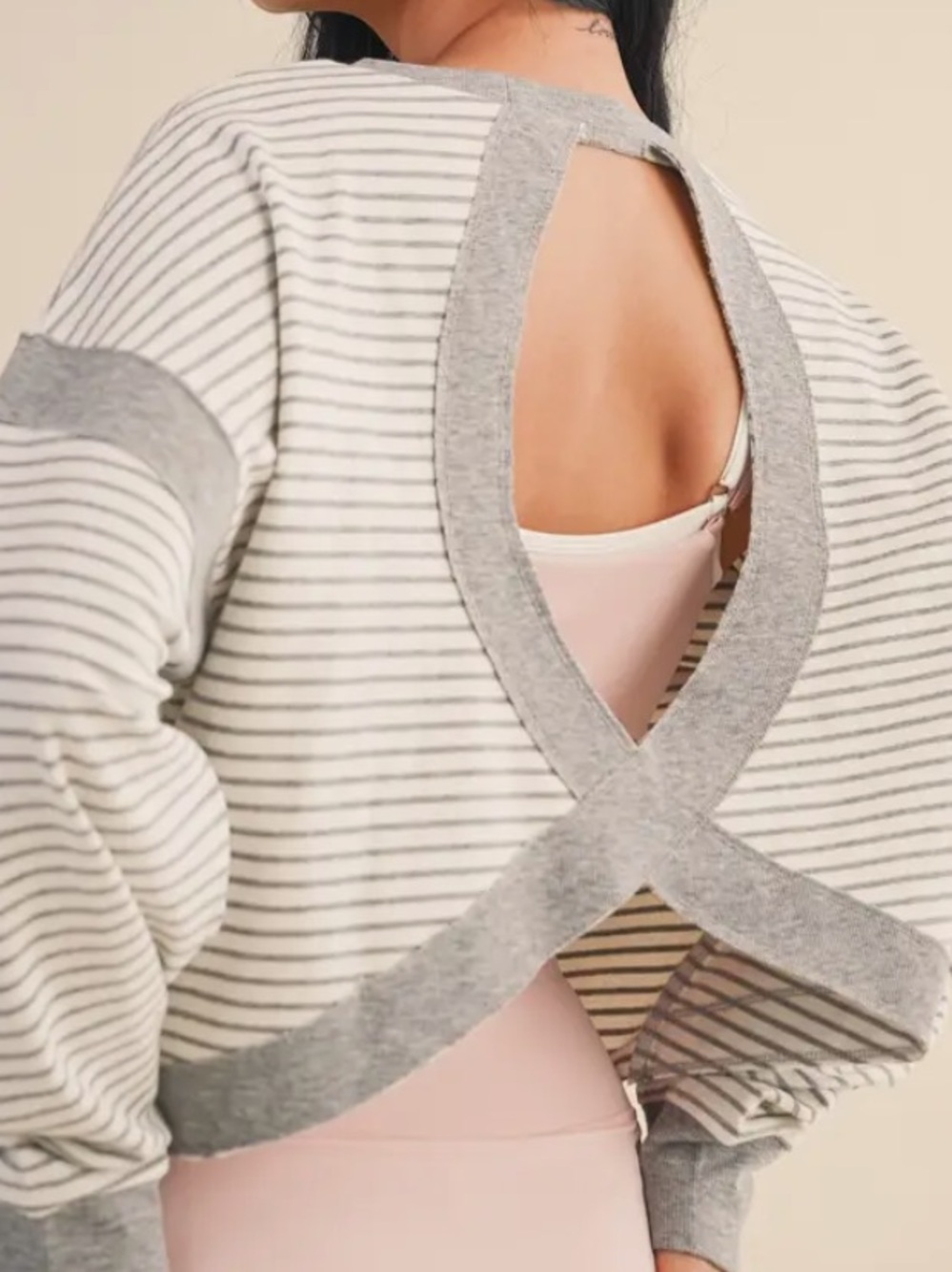 NWT Posie Active Oversized Open Back Top | Striped Grey and White | Size Small